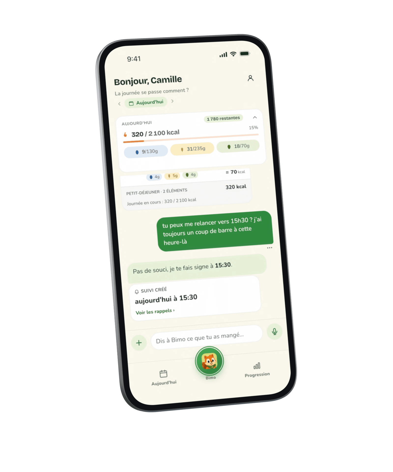 Bimo sur iPhone : le chat du jour, avec le petit-déjeuner enregistré et un suivi créé ; le déjeuner, écrit en une phrase, s’affiche avec ses calories.
