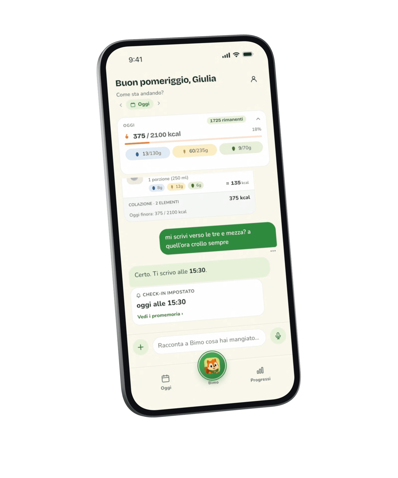 Bimo per iPhone: la chat del giorno, con la colazione registrata e un check-in impostato; il pranzo, scritto in una frase, diventa uno scontrino con le calorie.