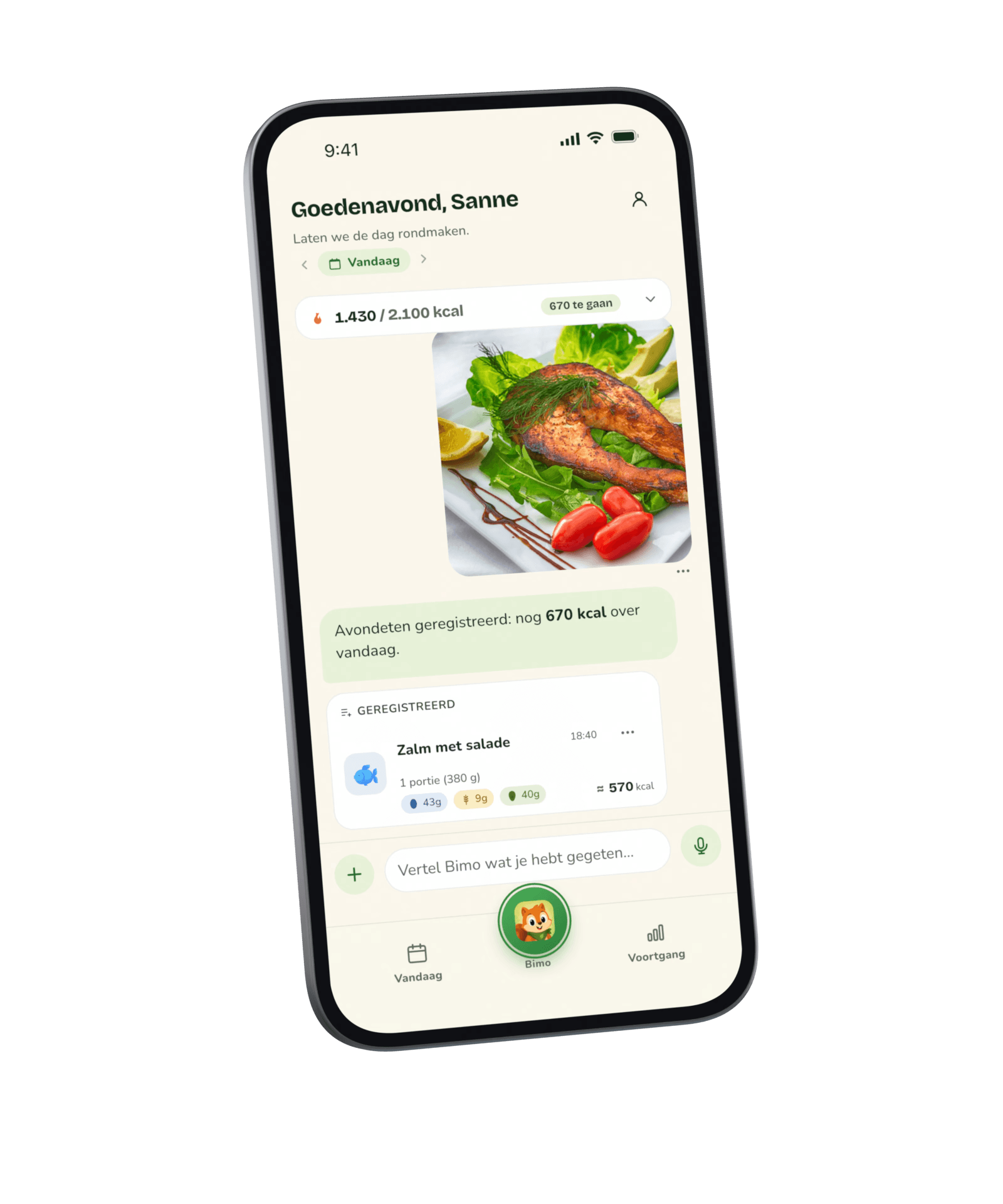 Een foto van zalm met salade, verstuurd in de chat, dan het antwoord van Bimo dat het avondeten geregistreerd is met nog 670 kcal over, en het bonnetje van het avondeten.