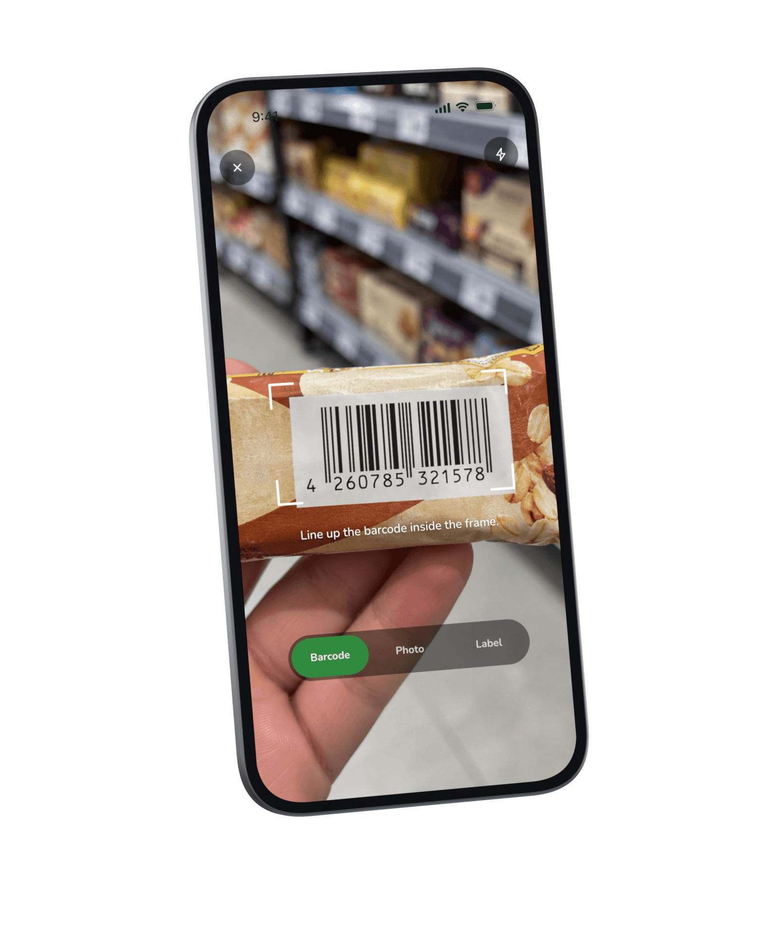 The barcode scanner: a package's barcode lined up inside the frame, with the Barcode, Photo and Label modes below.
