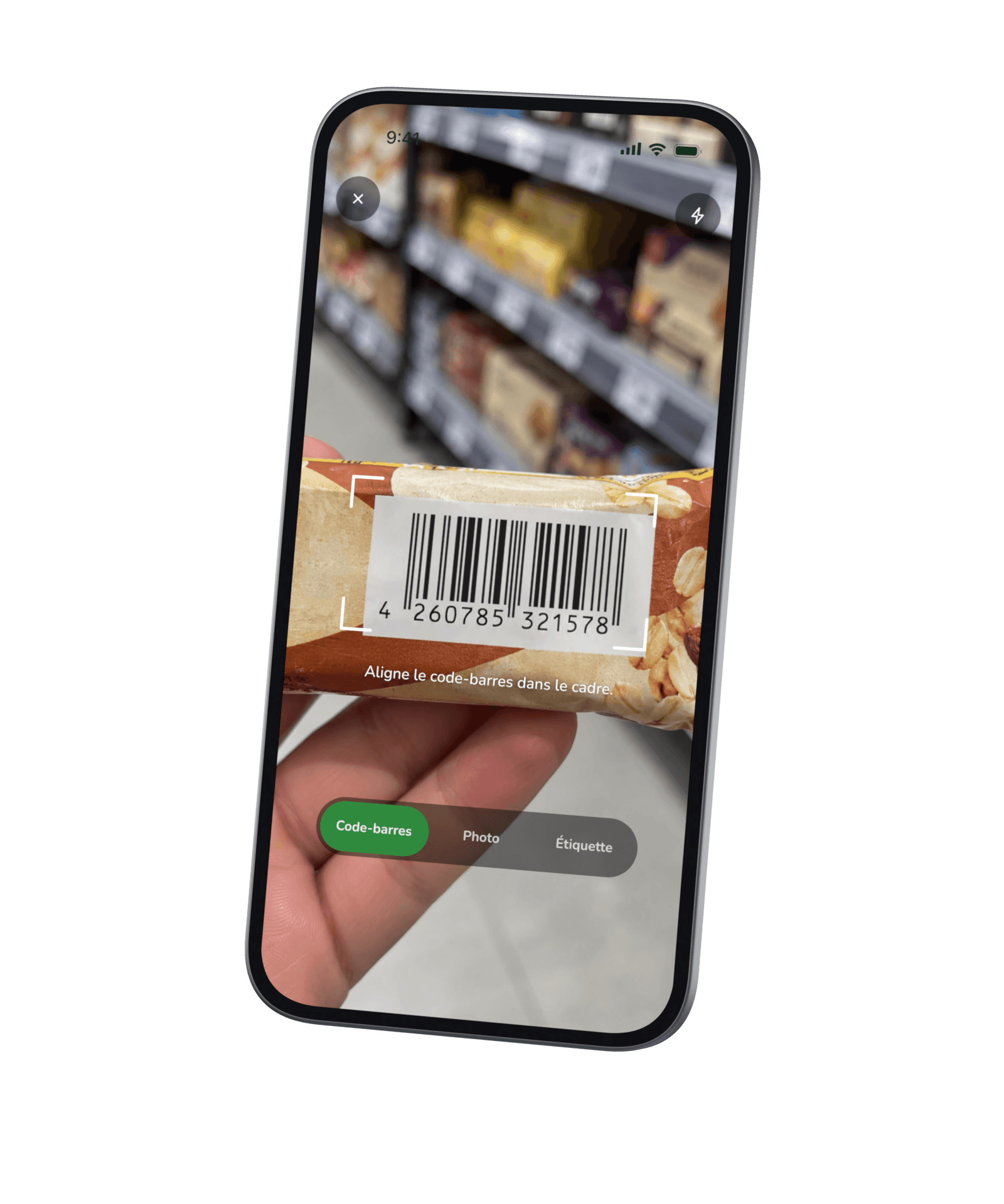 Le scanner : le code-barres d’un emballage cadré dans le viseur, avec les modes Code-barres, Photo et Étiquette en dessous.