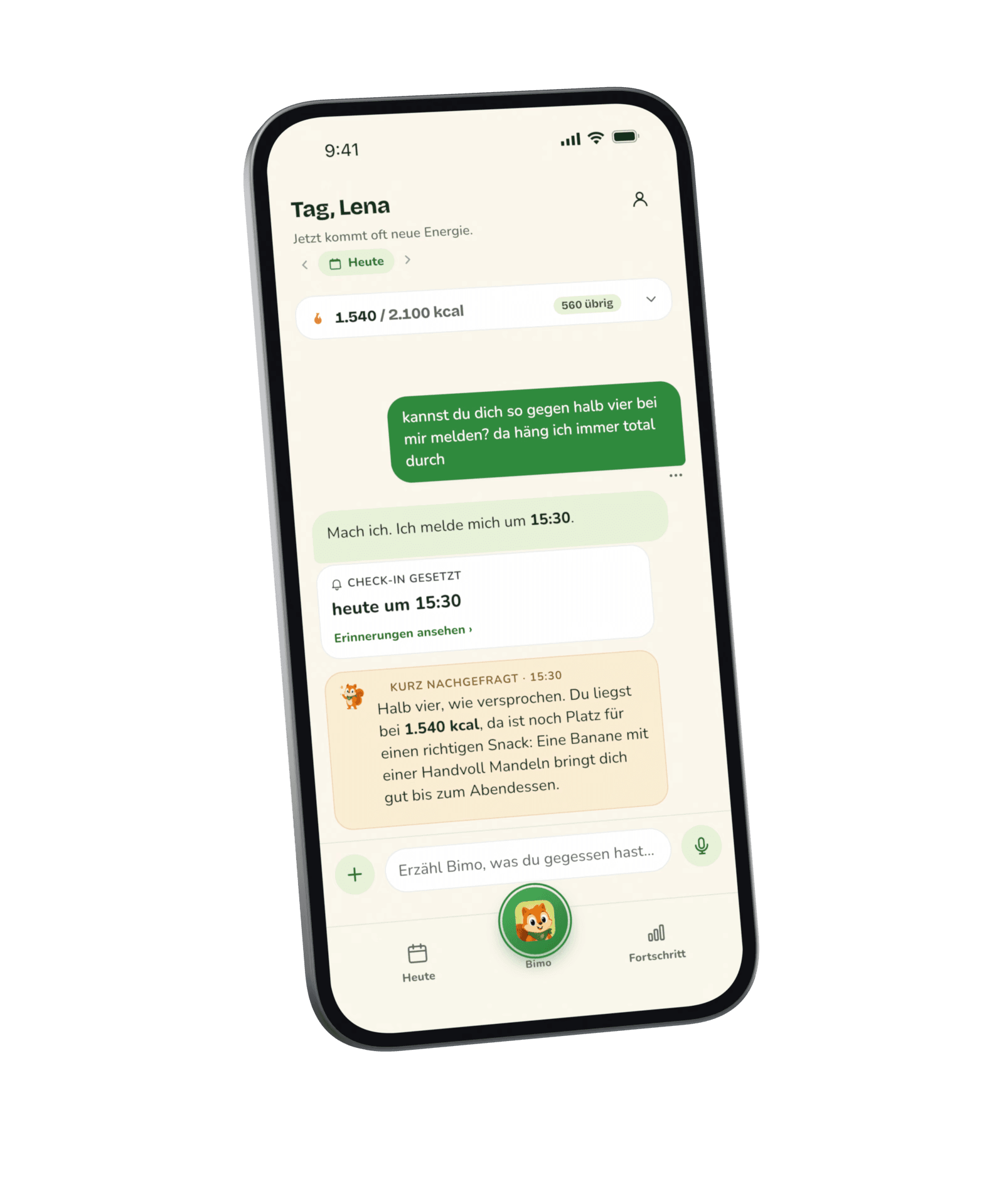 Der Chat: die Bitte, sich später zu melden, ein Check-in für heute um 15:30, dann Bimos Nachricht um 15:30 mit einer Idee für einen Snack am Nachmittag.