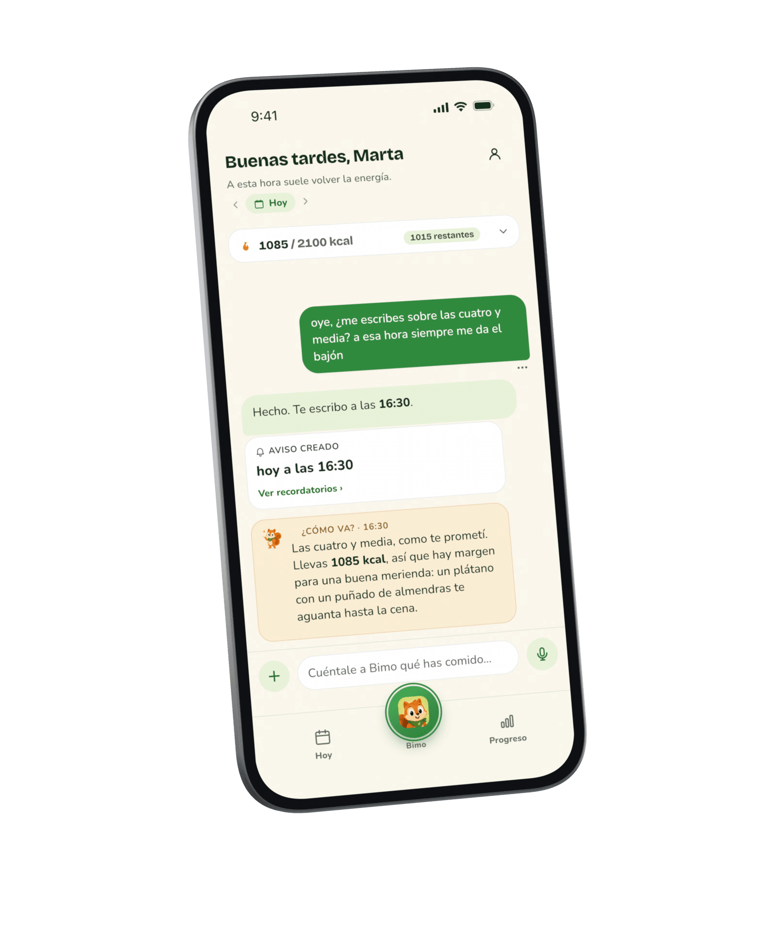 El chat: la petición de un aviso para más tarde, un aviso para hoy a las 16:30 y, después, el mensaje de Bimo a las 16:30 con una idea para la merienda.