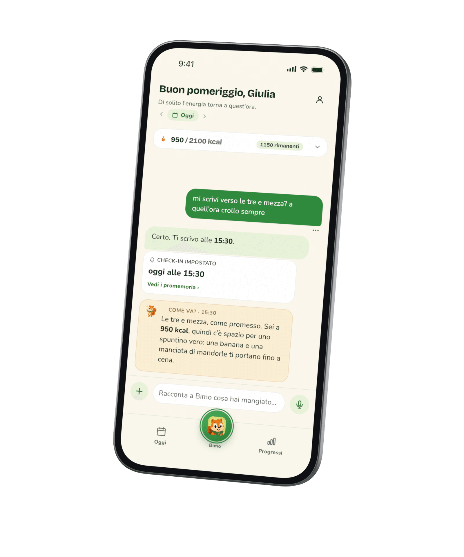La chat: la richiesta di un check-in più tardi, un check-in fissato per oggi alle 15:30, poi il messaggio di Bimo alle 15:30 con un’idea per la merenda.