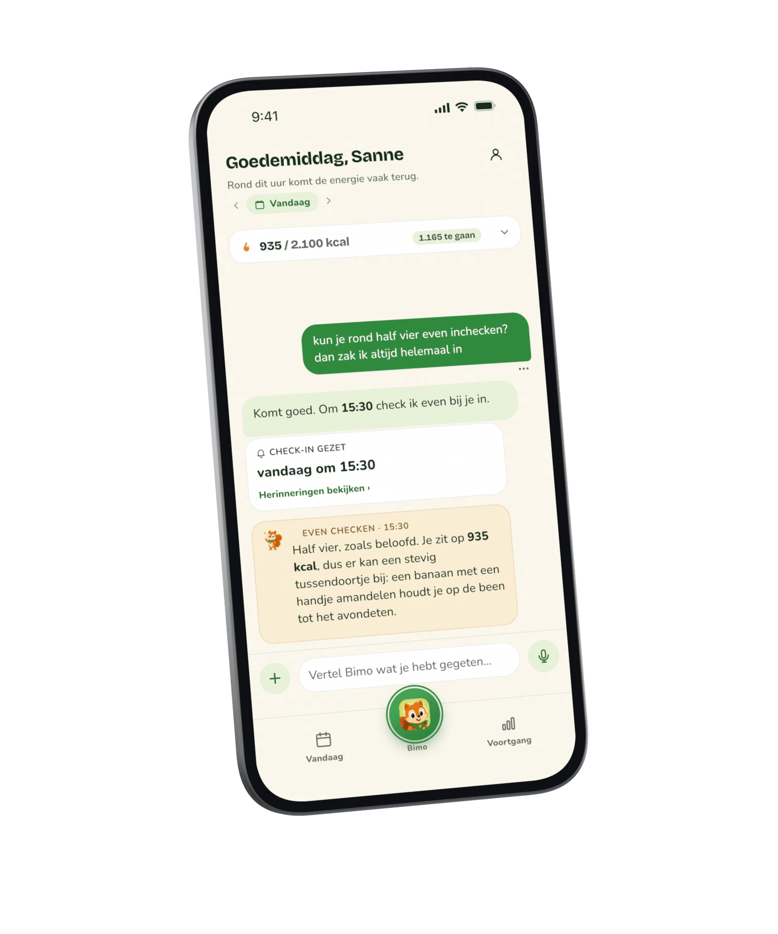 De chat: de vraag om later te checken, een check-in voor vandaag om 15:30, dan het bericht van Bimo om 15:30 met een idee voor een tussendoortje in de middag.